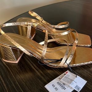 Zara Strappy Gold Block-Heel Sandals